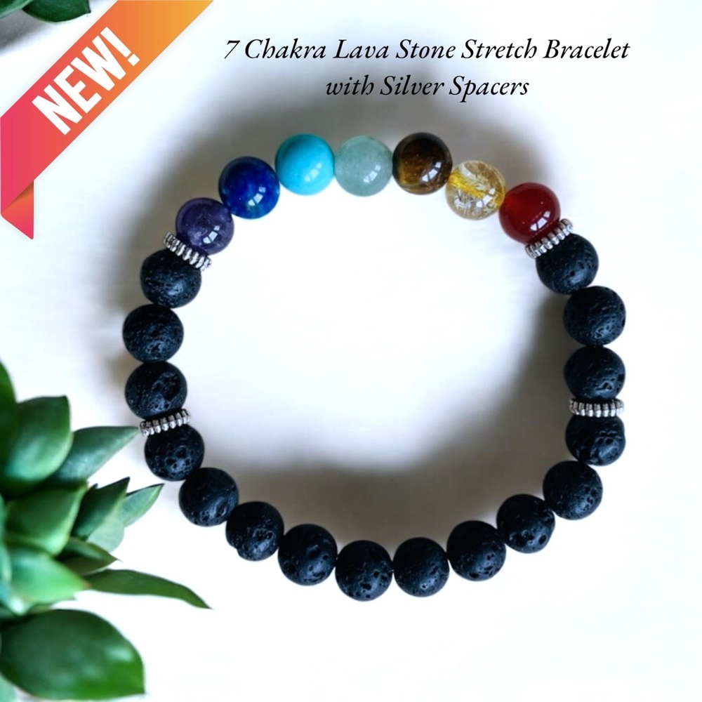 7 Chakra Lava Stone Stretch Bracelet with Silver Spacers